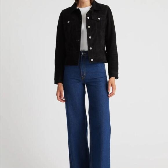 Quince Wm’s Suede Trucker Jacket Sz S Black Cropped New with tags - Picture 8 of 9
